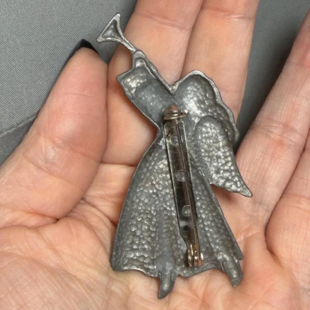 Angel Brooch Silver Tone Guardian Angel Figural Pin Vintage Style 3”